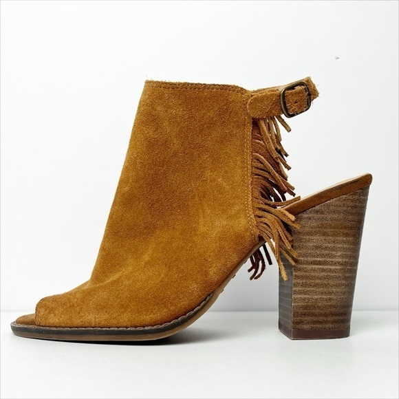 Lucky Brand Lantau Fringe Open Toe Booties 8 suede leather peep toe ankle boots - Picture 6 of 12